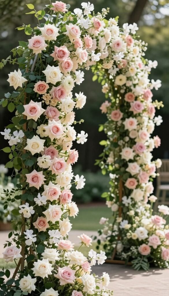 Wedding arch ideas for romantic ceremonies featuring cascading garden roses in soft pink and cream tones Wedding arch ideas for romantic ceremonies featuring cascading garden roses in soft pink and cream tones