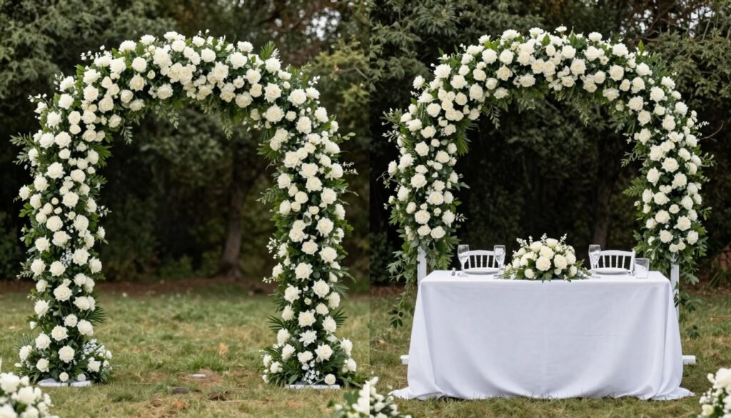 Wedding ceremony arch being repurposed at reception sweetheart table Wedding ceremony arch being repurposed at reception sweetheart table