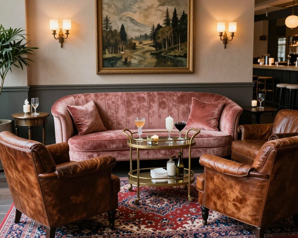 Wedding cocktail hour lounge area with vintage velvet furniture Wedding cocktail hour lounge area with vintage velvet furniture