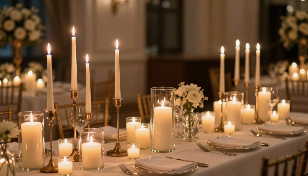 Wedding reception table with multiple candles at various heights creating warm ambiance Wedding reception table with multiple candles at various heights creating warm ambiance