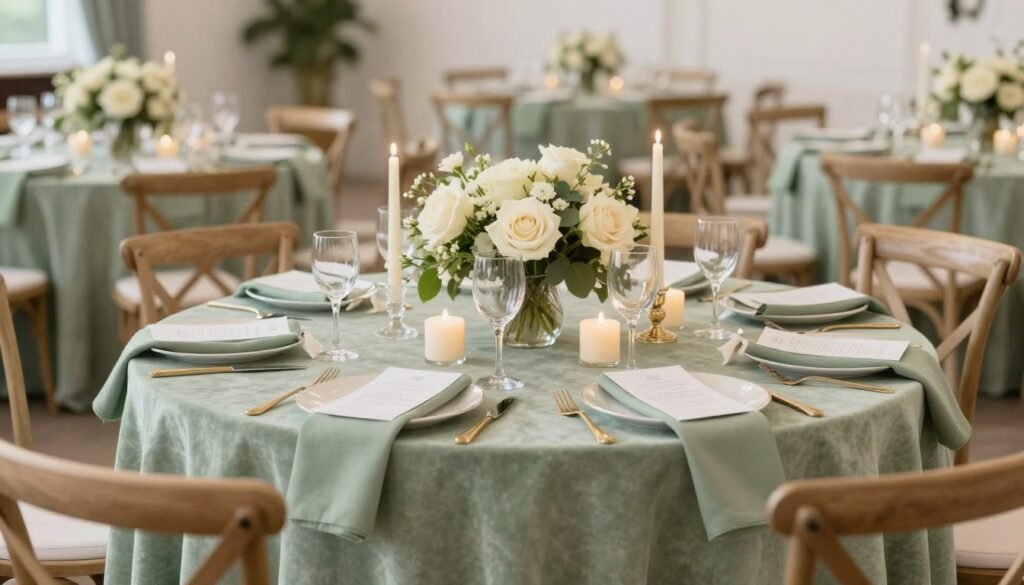 Wedding reception with cohesive sage green and ivory color palette across all décor elements Wedding reception with cohesive sage green and ivory color palette across all décor elements