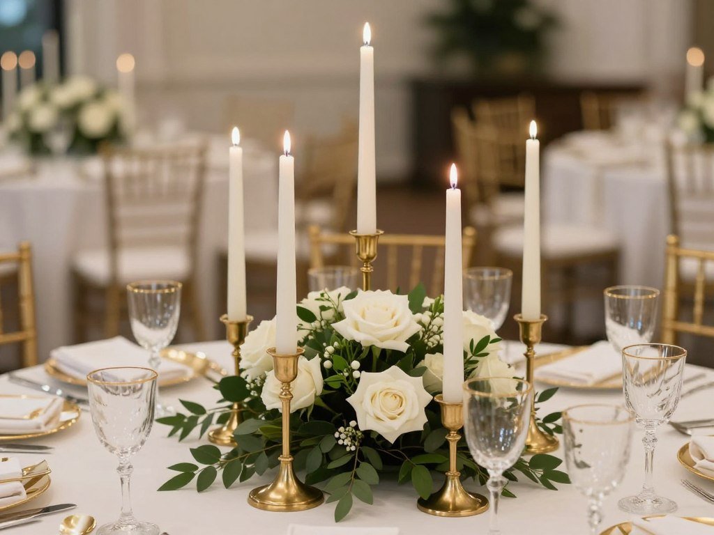 Wedding table centerpiece with tall brass candlesticks and taper candles Wedding table centerpiece with tall brass candlesticks and taper candles