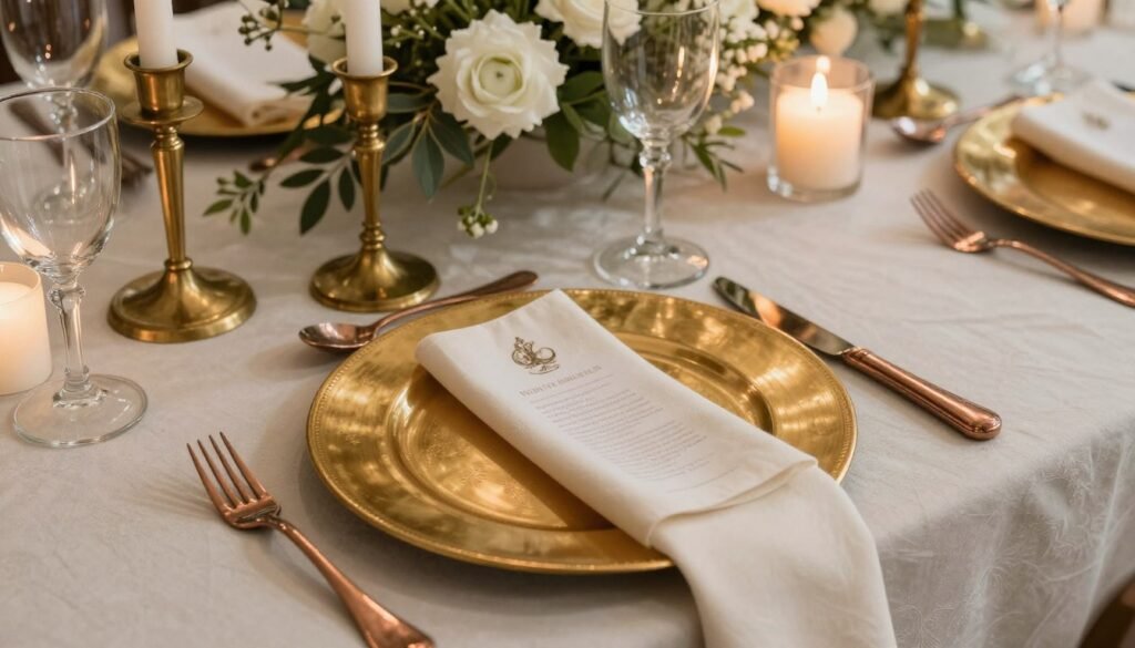 Wedding table setting featuring mixed metallic elements in gold, brass, and copper Wedding table setting featuring mixed metallic elements in gold, brass, and copper