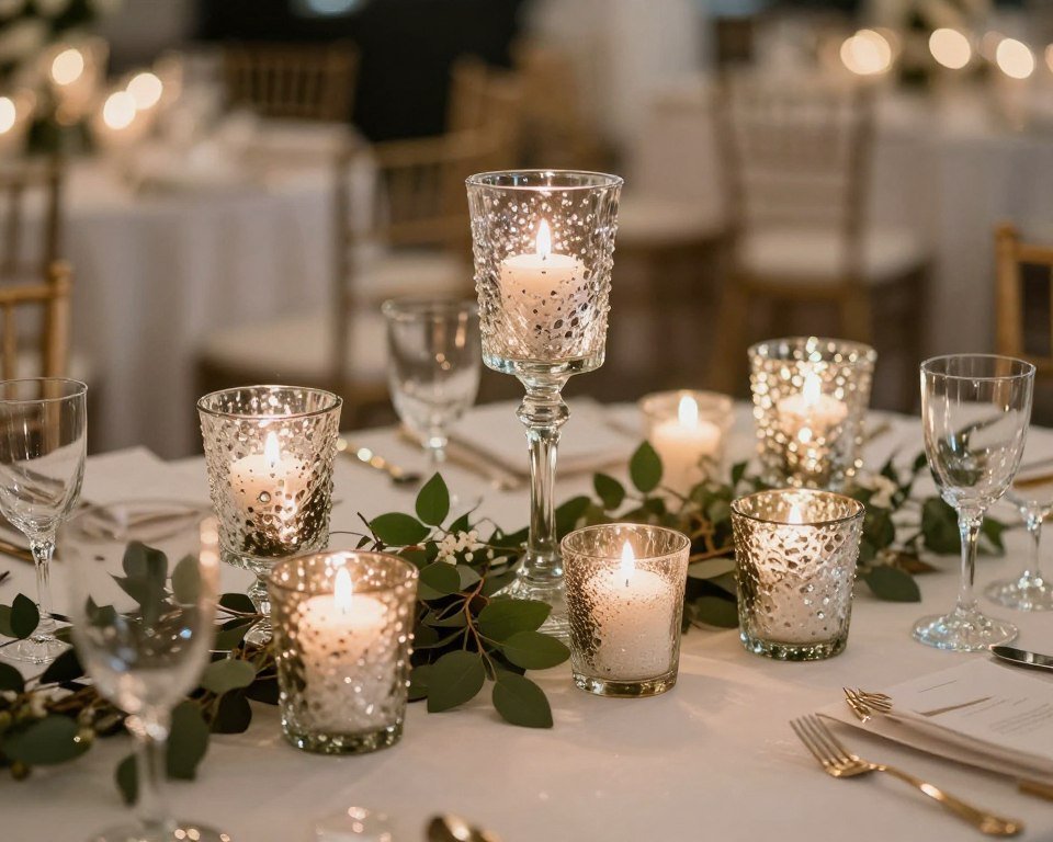 Wedding table with clustered mercury glass votives and candlelight Wedding table with clustered mercury glass votives and candlelight