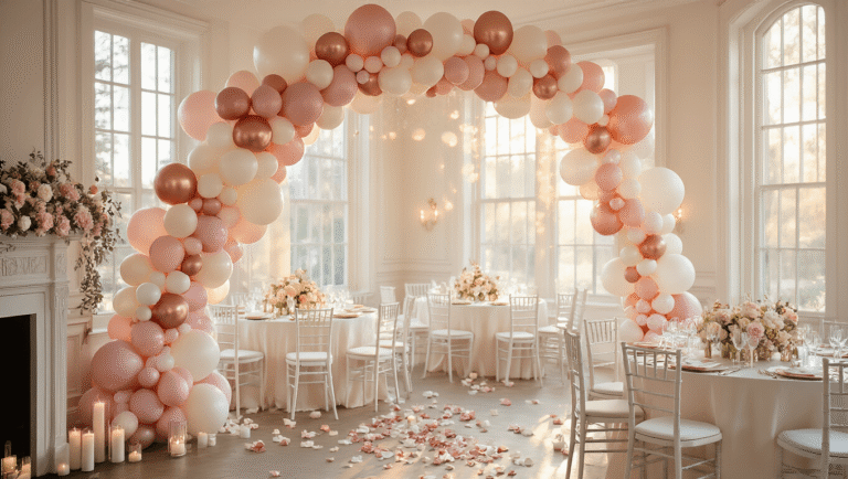 Baby Shower Balloons: Everything You Need to Transform Your Celebration Luxurious indoor baby shower scene featuring a stunning balloon arch in blush pink, ivory, and rose gold, with elegant tables adorned in silk linens, flickering candles, and rose petals, all bathed in soft afternoon sunlight.