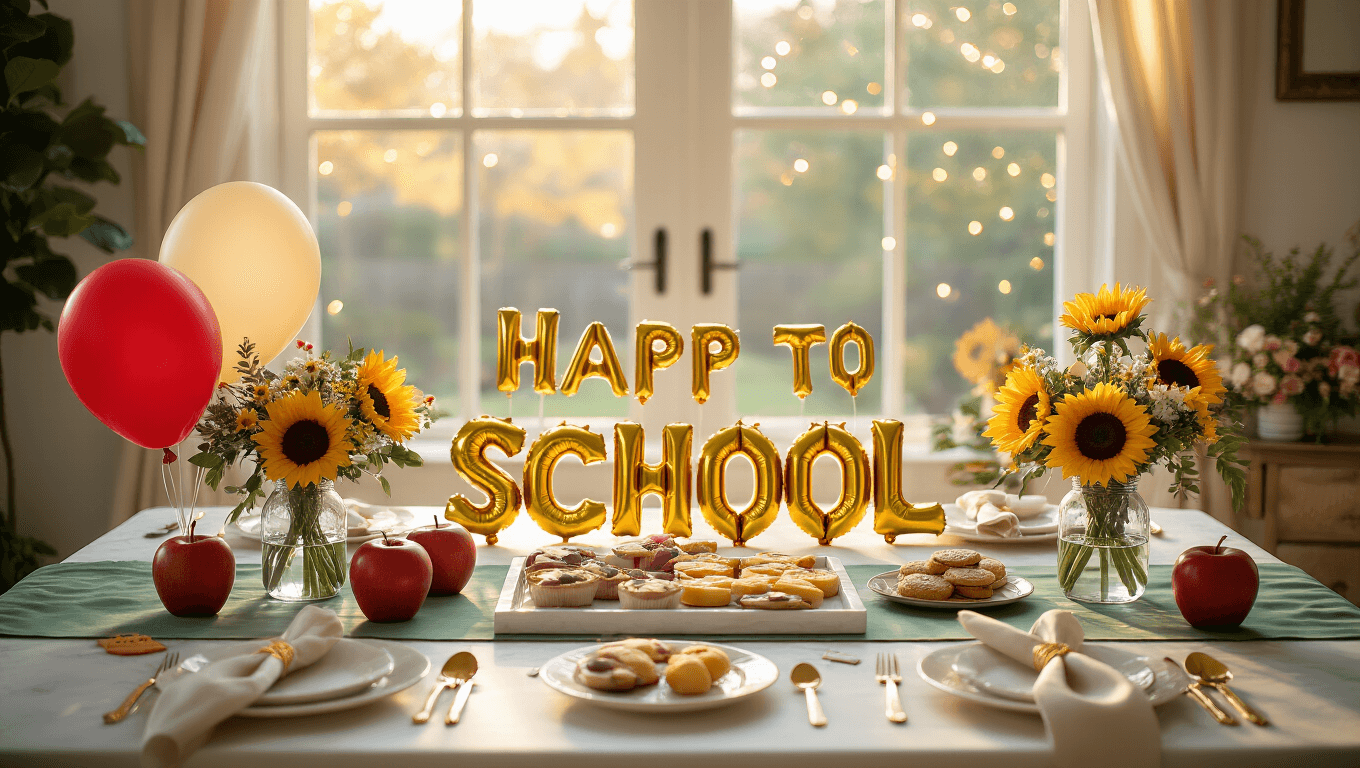 Cinematic overhead view of an elegant back-to-school breakfast table adorned with cream silk linens, sage green runner, golden pencil-shaped balloons, red apple-themed balloons, and sunflower centerpieces, all illuminated by warm morning light, creating a luxurious yet playful atmosphere.