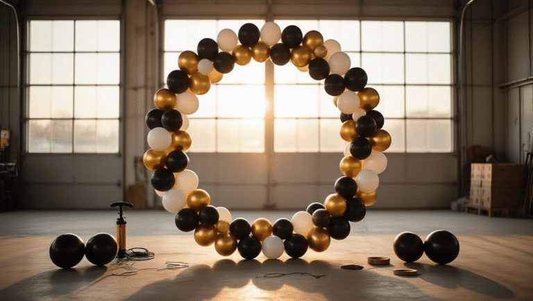 How to Create a Stunning Round Balloon Backdrop That'll Make Your Party Unforgettable Cinematic overhead and side angle view of an elegant round balloon backdrop setup in a spacious garage, featuring chrome gold, white, and matte black balloons in varying sizes, illuminated by warm golden hour light.
