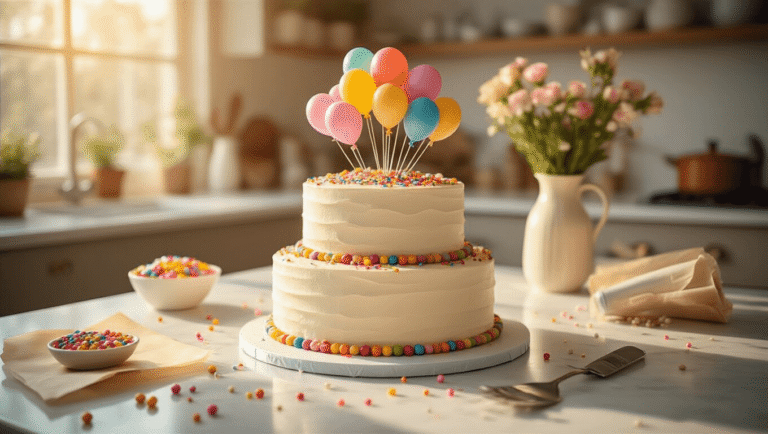 How to Create a Stunning Cake with Balloons That'll Make Everyone Gasp Close-up shot of an elegant two-tier vanilla cake decorated with colorful candy balloons and edible confetti, on a marble counter, surrounded by cake decorating supplies, warm lighting, and festive elements.