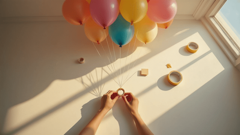 How to Attach Balloons to Ceiling Without Damage: 7 Methods That Actually Work Cinematic overhead view of a white ceiling adorned with colorful balloons attached using various adhesives, illuminated by golden hour lighting, showcasing hands smoothing a balloon's tape loop against rich textures of latex and paint.