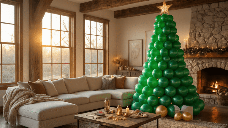 Balloon Christmas Trees: Why I'm Ditching My Fake Pine This Year A cozy living room with an 8-foot balloon Christmas tree made of emerald green and metallic gold balloons, warm sunlight streaming through windows, and a family atmosphere featuring children arranging ornament balloons.