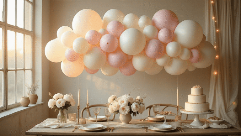 How to Make Balloon Clouds That'll Have Everyone Asking "Wait, You Made That?" Cinematic overhead view of a whimsical balloon cloud installation with pastel pink, cream, and pearl white balloons above a rustic wooden table, adorned with vintage plates, gold-rimmed glassware, fresh white peonies, and a tiered naked cake, all illuminated by warm golden hour lighting.