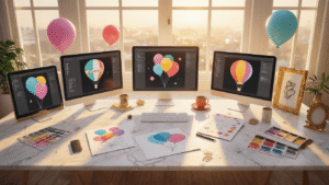 Balloon Illustrations: Your Complete Guide to Finding the Perfect Digital Designs Cinematic overhead view of a bright design workspace with colorful balloon illustrations scattered on a marble desktop, illuminated by golden hour light, featuring screens displaying vector graphics, printed invitations, design tools, and soft shadows enhancing the creative atmosphere.