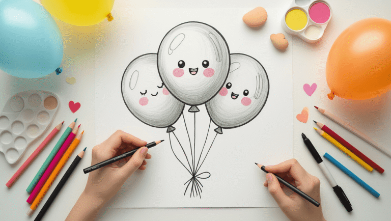How to Draw Balloons: From Simple Sketches to Show-Stopping Designs Cinematic overhead view of a drawing tutorial setup featuring half-finished balloon sketches, colorful markers and pencils, circle templates, fine-tip pens, and kawaii-style balloons with faces, all arranged on pristine white paper with soft natural lighting highlighting the textures.