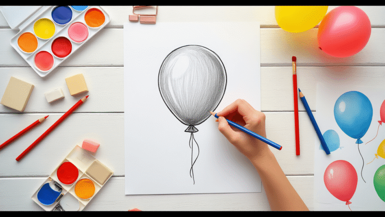 How to Draw a Balloon: The Simple 4-Step Guide That Actually Works Cinematic flat lay of a balloon drawing tutorial on a white wooden surface, featuring a pencil sketch, art supplies like HB pencils and vibrant alcohol markers, a kneaded eraser, and a circle template, with warm lighting and gentle shadows, showcasing a cozy creative atmosphere with colorful balloon drawings.