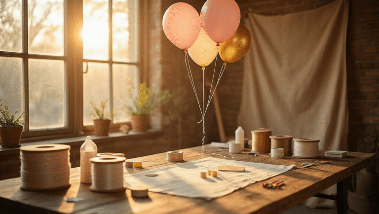 How to Hang Balloons for Events Without Losing Your Mind (Or Your Security Deposit) Cinematic overhead shot of a rustic wooden table filled with balloon hanging preparation supplies, including colorful latex balloons, fishing line spools, tape, and scissors, illuminated by warm golden hour light, creating an inviting workspace ambiance.