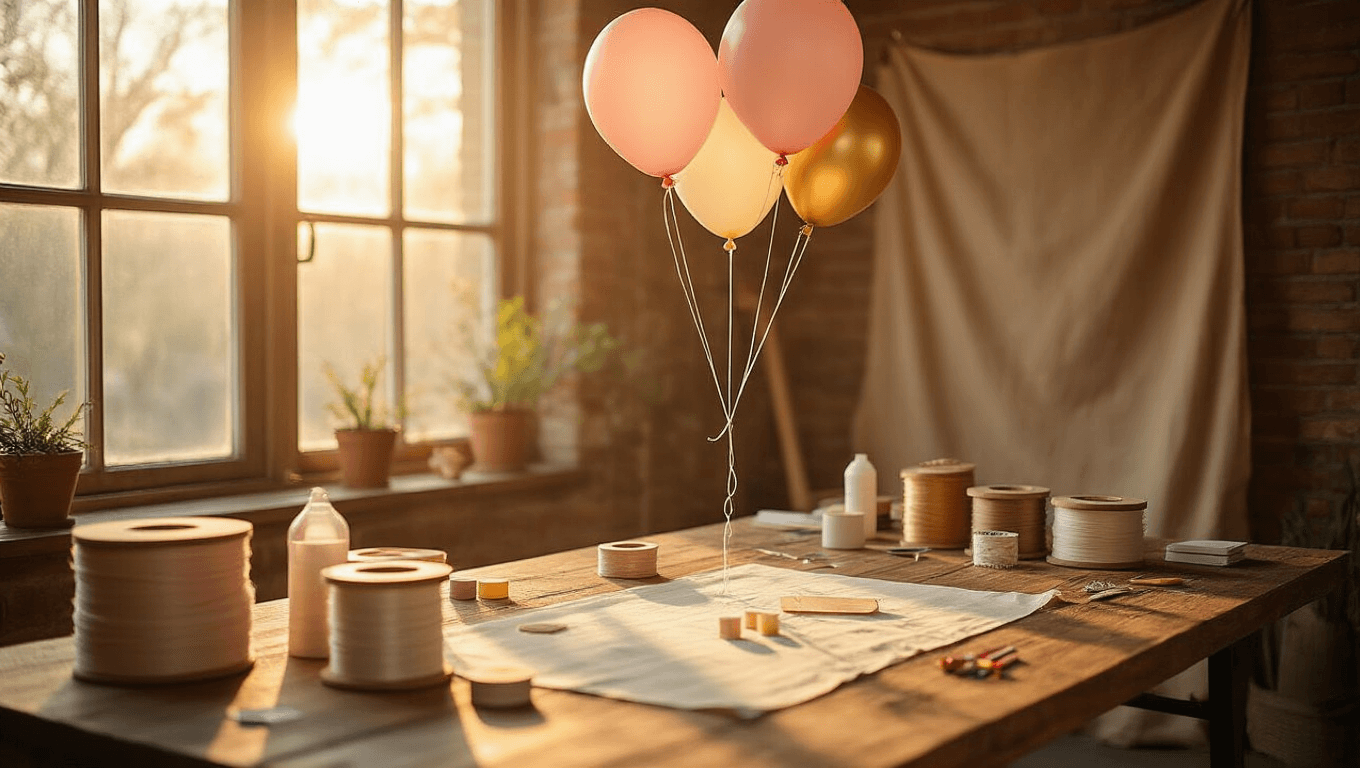 Cinematic overhead shot of a rustic wooden table filled with balloon hanging preparation supplies, including colorful latex balloons, fishing line spools, tape, and scissors, illuminated by warm golden hour light, creating an inviting workspace ambiance.