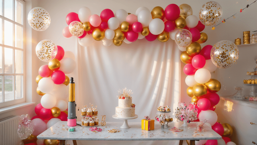 How I Transformed My Boring Party Space With Colorful Balloons (And You Can Too) Cinematic overhead shot of a vibrant party space with a hot pink, white, and gold balloon garland against a pristine white backdrop, featuring various sizes of latex balloons, foil character balloons, and clear confetti balloons, set alongside a birthday cake and themed decorations.