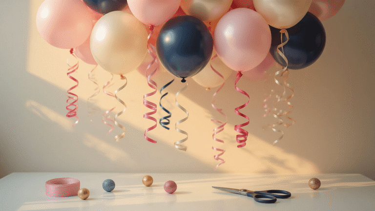 Balloons with Ribbon: The Complete Guide to Picking, Styling, and Avoiding Disasters Cinematic close-up of a sophisticated balloon display with pastel curling ribbons, blush pink and navy balloons against a clean white background, warm golden hour lighting, showcasing ribbon textures and scattered decorative weights, scissors mid-curl for perfect spirals.