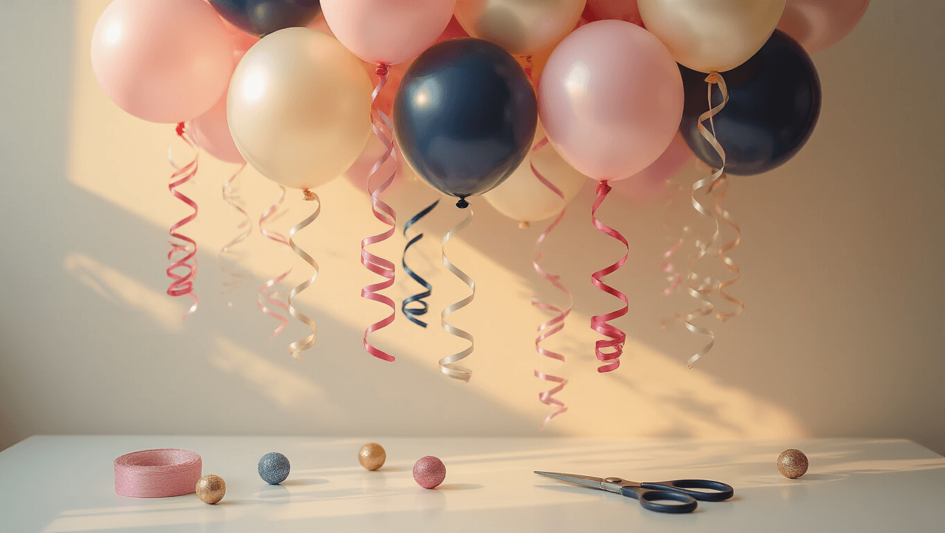 Cinematic close-up of a sophisticated balloon display with pastel curling ribbons, blush pink and navy balloons against a clean white background, warm golden hour lighting, showcasing ribbon textures and scattered decorative weights, scissors mid-curl for perfect spirals.