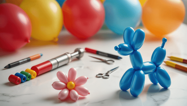 Balloon Twisting for Beginners: Everything I Learned Making My First Balloon Dog (And Why It Popped) Cinematic close-up of vibrant jewel-toned balloon twisting essentials on a white marble surface, featuring a professional pump, chisel-tip markers, sharp scissors, and partially twisted balloon dog, with swan and flower sculptures, bathed in soft golden hour light.