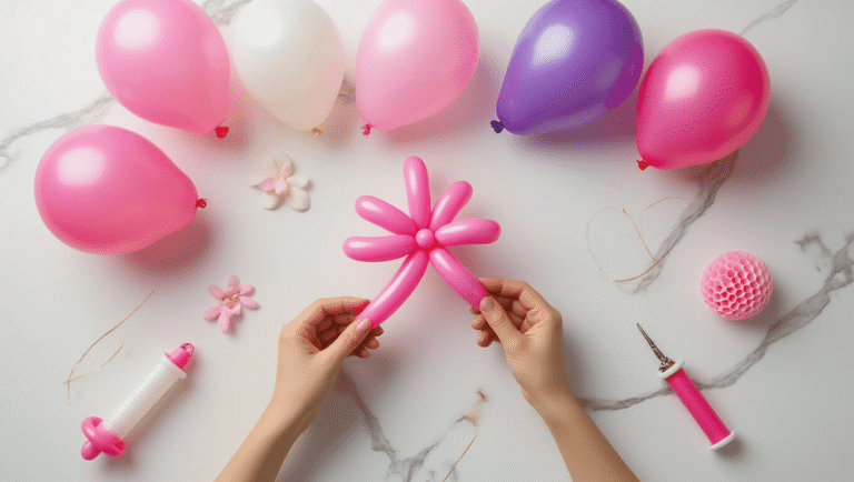 How Long Balloons Transformed My Party Game (And Why You Need Them Too) Cinematic overhead shot of colorful long balloons being twisted into elegant decorations on a clean marble surface, with hands crafting intricate designs amid soft natural lighting and scattered crafting tools.
