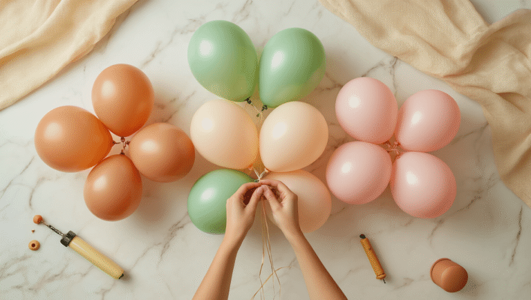 How to Tie Balloons Together: The Ultimate Guide to Creating Stunning Balloon Displays Cinematic overhead view of hands tying balloons on a white marble surface, showcasing clusters of terracotta, sage green, and blush pink balloons in golden hour light, with tying tools and a balloon pump nearby, capturing a warm, inviting atmosphere.