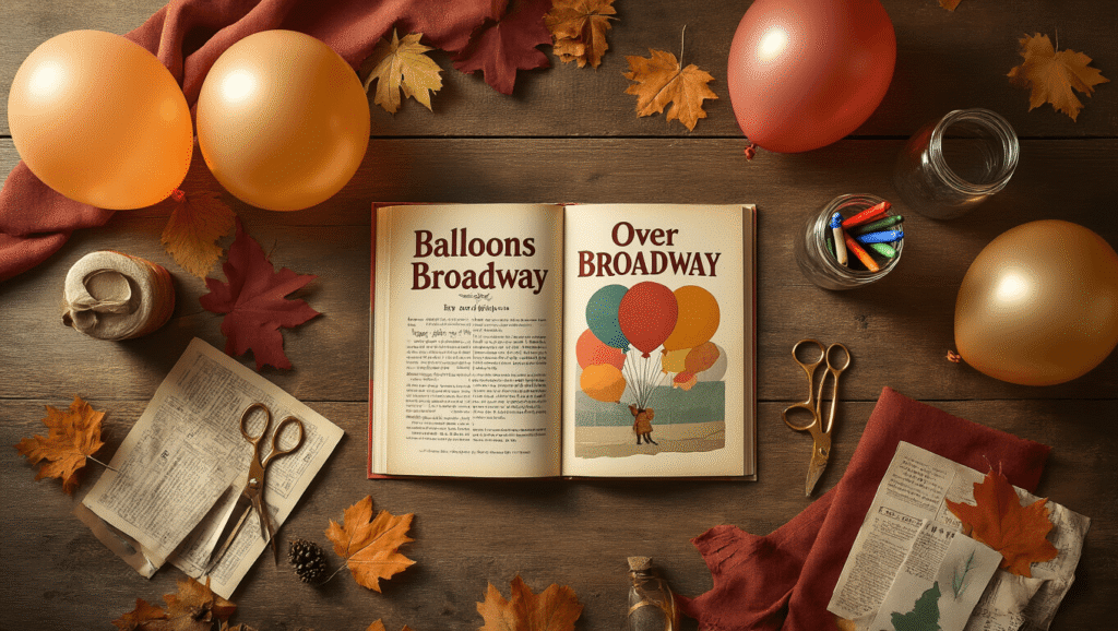 Balloons Over Broadway Cinematic overhead shot of a warm craft table featuring the "Balloons Over Broadway" book, vintage helium balloons in autumn hues, scattered craft supplies, and soft morning light highlighting rich textures and nostalgic 1920s parade magic.