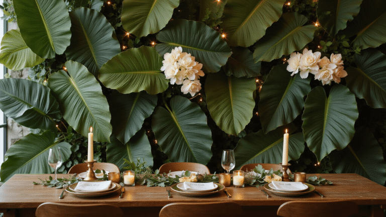 How to Create Stunning Banana Leaf Decor for Your Wedding Day Close-up of a lush tropical wedding decoration featuring layered banana leaves in varying green shades, delicate white orchids, and cream roses, all illuminated by warm golden hour light, with a rich wooden table set for an elegant celebration.