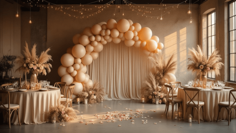 Beige Balloons: The Understated Elegance Your Event Actually Needs Cinematic wide-angle shot of an elegant event space showcasing a sophisticated beige balloon installation with champagne and ivory balloons in an organic arch, soft blush pink accents, cream silk table linens, and crystal stemware, all illuminated by warm amber lighting and twinkling fairy lights, creating an inviting atmosphere with natural wood elements and romantic candlelit accents.