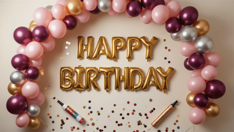 Happy Birthday Balloons That'll Make Your Party Pop (Without Popping Your Budget) Cinematic overhead shot of an elegant birthday balloon arrangement featuring shimmering gold and silver number balloons, surrounded by a colorful organic balloon garland in berry blush and midnight copper, with rainbow latex balloons cascading naturally, soft warm lighting enhancing textures and creating an inviting party atmosphere.