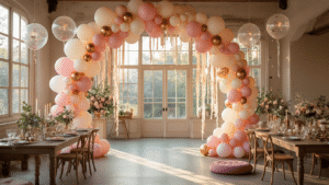 Birthday Balloon Decorations That'll Make Your Party Absolutely Unforgettable Cinematic wide shot of an elegant party venue decorated with an organic blush pink and cream balloon arch, flowing garlands on tables, tall balloon columns with LED accents, and floating ceiling balloons, all enhanced by warm golden hour lighting.