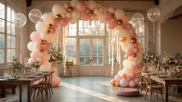 Birthday Balloon Decorations That'll Make Your Party Absolutely Unforgettable Cinematic wide shot of an elegant party venue decorated with an organic blush pink and cream balloon arch, flowing garlands on tables, tall balloon columns with LED accents, and floating ceiling balloons, all enhanced by warm golden hour lighting.