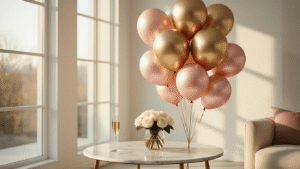 Happy Birthday Balloon Bouquets: Everything You Need to Know Before You Order Luxurious birthday balloon bouquet in modern living room, featuring oversized metallic gold and blush pink balloons, marble side table with champagne flute and white roses, warm morning light creating inviting atmosphere.