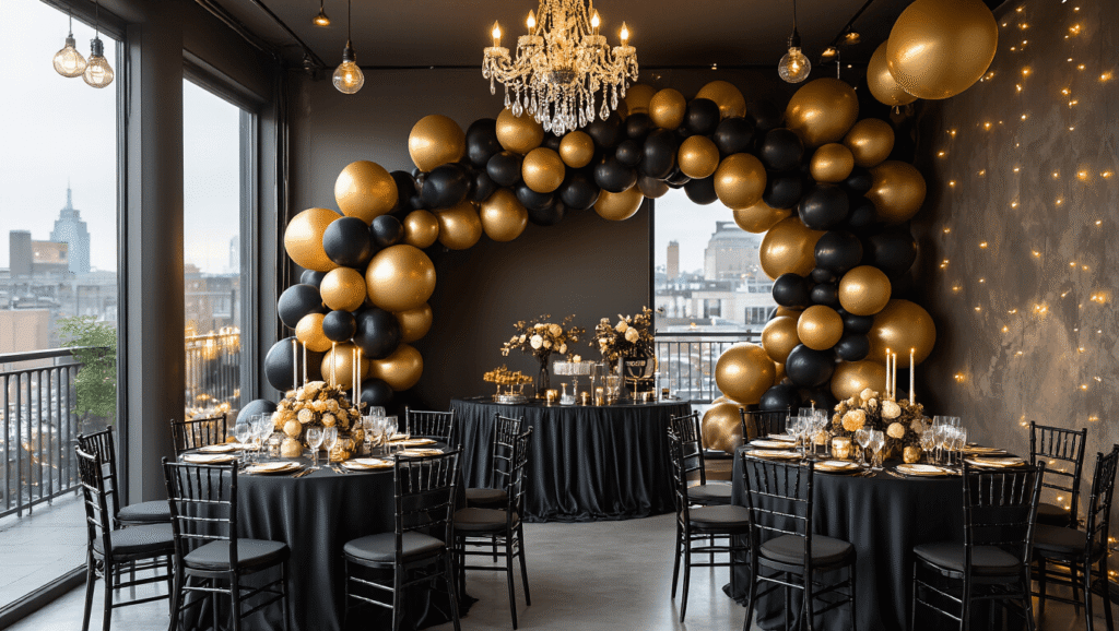 Black Balloons for Birthdays: Your Complete Guide to Styling Dark and Dramatic Celebrations A sophisticated indoor birthday party with a black and gold balloon backdrop, warm lighting, luxurious table linens, and elegant decorations, set on an intimate rooftop terrace.