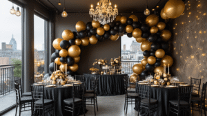 Black Balloons for Birthdays: Your Complete Guide to Styling Dark and Dramatic Celebrations A sophisticated indoor birthday party with a black and gold balloon backdrop, warm lighting, luxurious table linens, and elegant decorations, set on an intimate rooftop terrace.