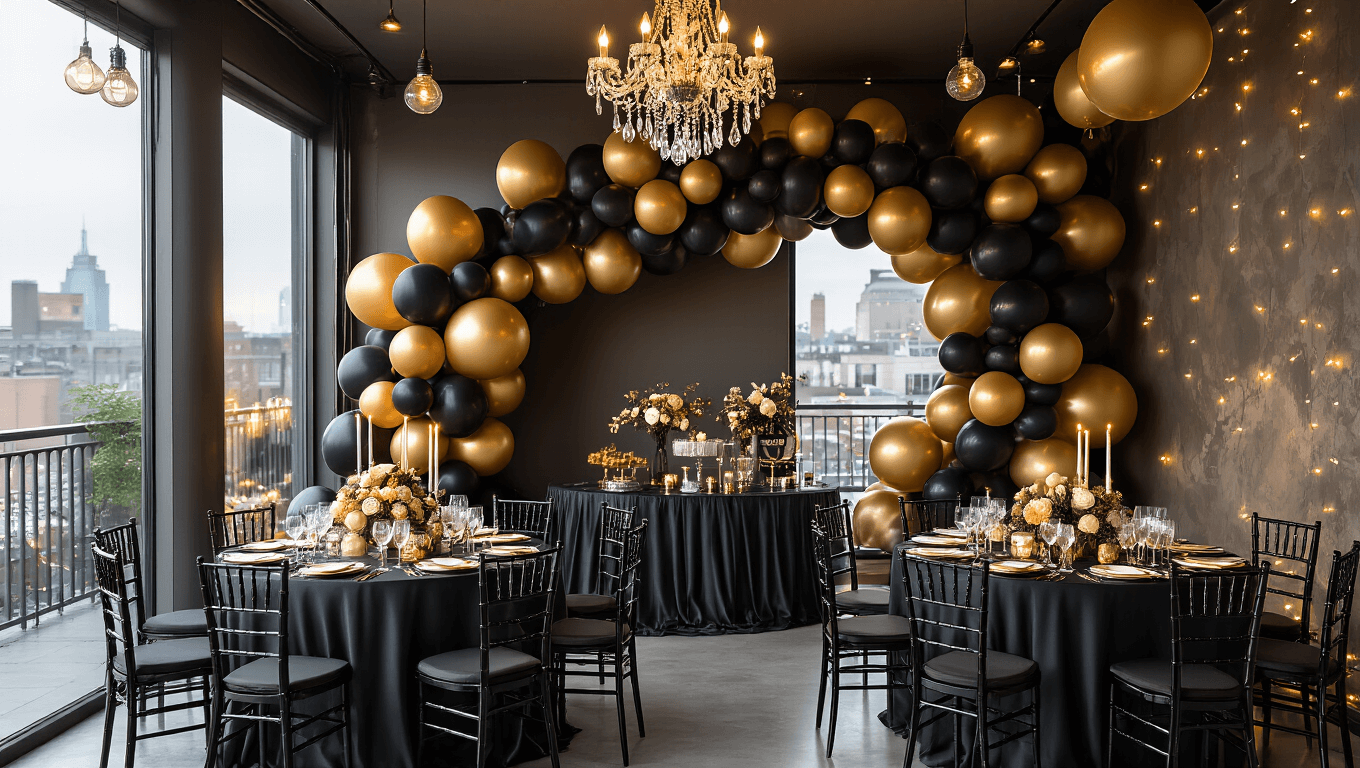 A sophisticated indoor birthday party with a black and gold balloon backdrop, warm lighting, luxurious table linens, and elegant decorations, set on an intimate rooftop terrace.