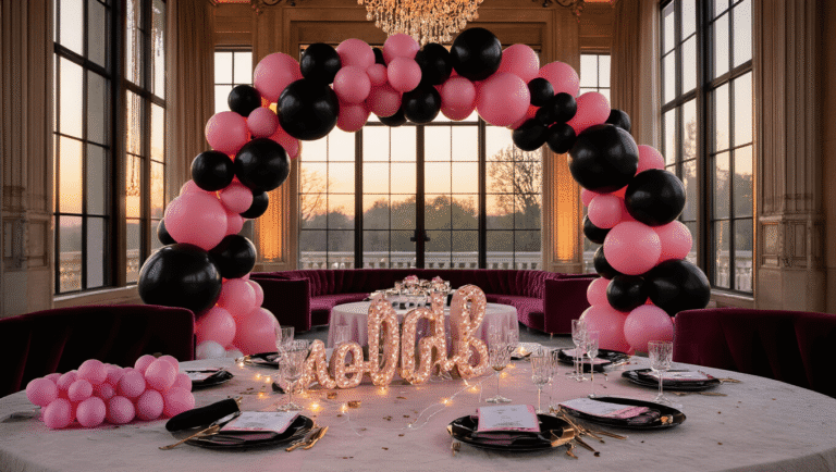 Black and Pink Balloon Decorations: Your Complete Guide to Party-Perfect Setups Cinematic shot of an elegant ballroom with black and pink balloon garland, blush pink table linens, velvet seating, and warm golden hour lighting. Foreground features DIY balloon kit components, while silver foil letters and confetti balloons add sophistication to the inviting atmosphere.