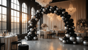 Black and Silver Balloons: Transform Any Party Into Something Special Luxurious party setup featuring a dramatic black and silver balloon arch, warm golden hour lighting, and elegant table decor with metallic balloon centerpieces, creating an intimate and sophisticated atmosphere.