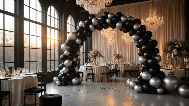 Black and Silver Balloons: Transform Any Party Into Something Special Luxurious party setup featuring a dramatic black and silver balloon arch, warm golden hour lighting, and elegant table decor with metallic balloon centerpieces, creating an intimate and sophisticated atmosphere.