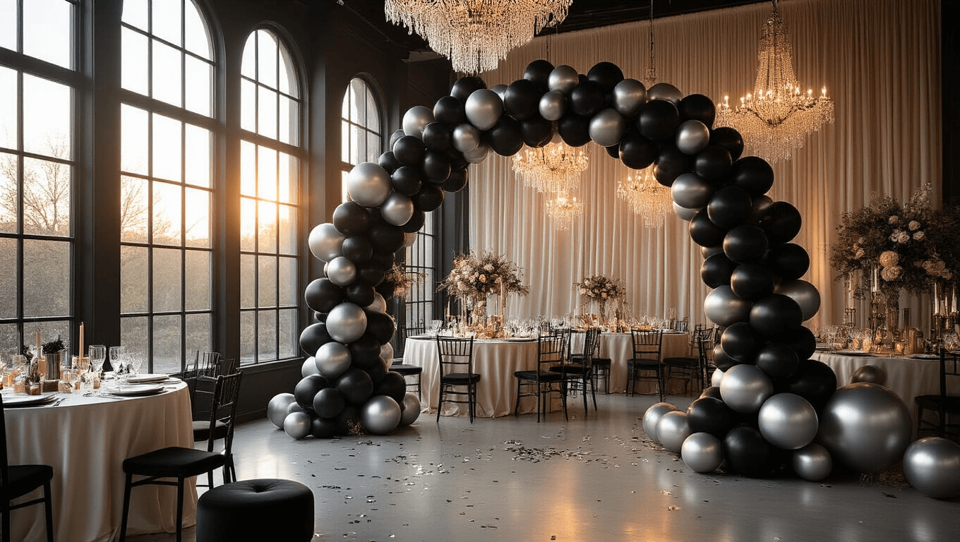 Luxurious party setup featuring a dramatic black and silver balloon arch, warm golden hour lighting, and elegant table decor with metallic balloon centerpieces, creating an intimate and sophisticated atmosphere.