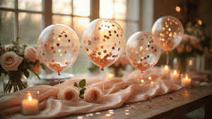 Bobo Balloons: Everything You Need to Know About These Show-Stopping Party Decorations Cinematic close-up of crystal-clear bobo balloons filled with rose gold confetti and warm LED lights on a rustic wooden table, surrounded by blush silk linens and cream roses, illuminated by golden hour lighting, creating an elegant and luxurious party atmosphere.