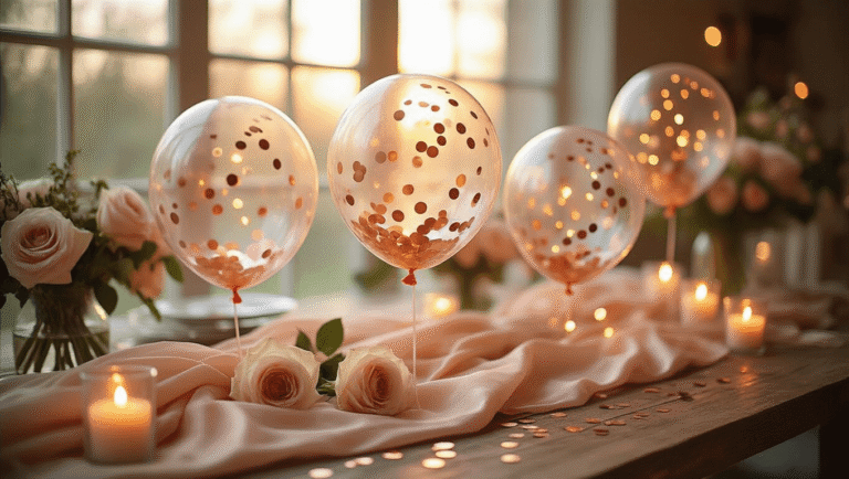 Bobo Balloons: Everything You Need to Know About These Show-Stopping Party Decorations Cinematic close-up of crystal-clear bobo balloons filled with rose gold confetti and warm LED lights on a rustic wooden table, surrounded by blush silk linens and cream roses, illuminated by golden hour lighting, creating an elegant and luxurious party atmosphere.