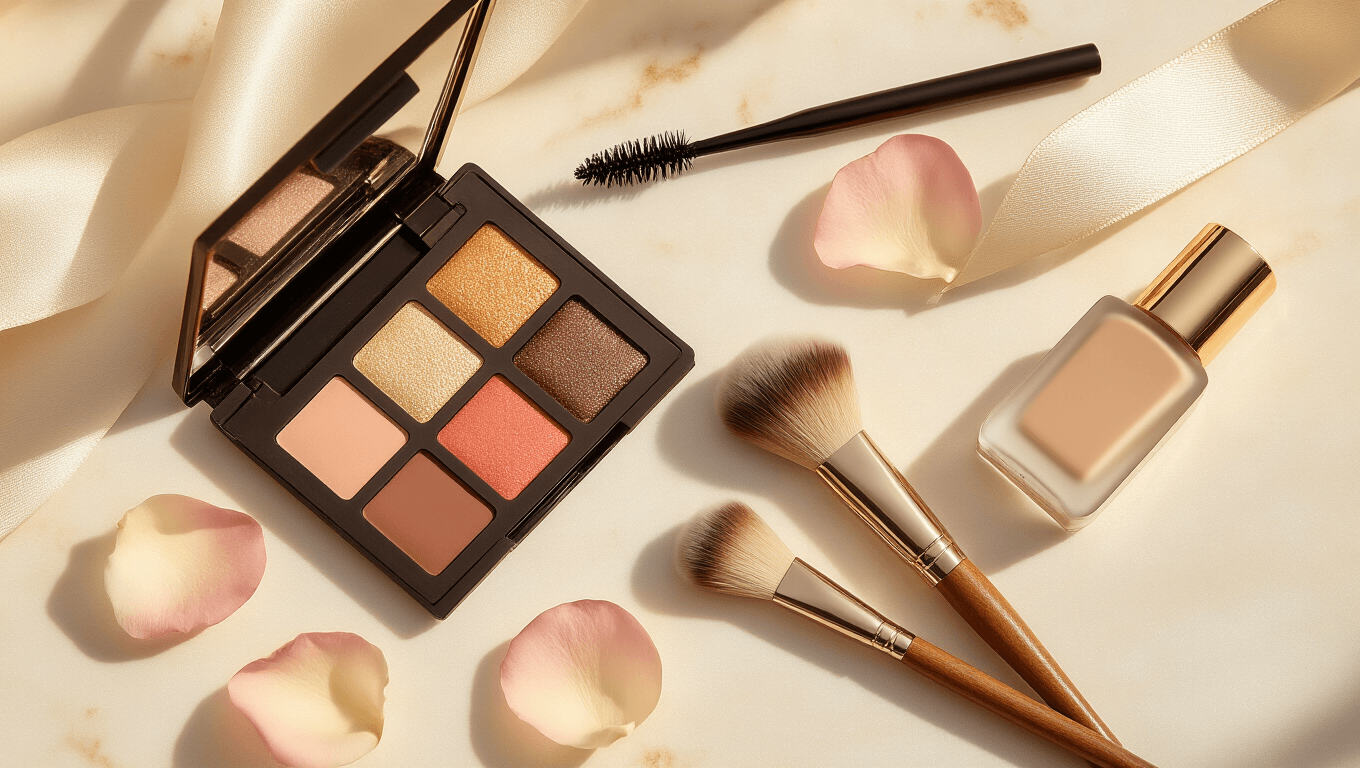 A bridal makeup flatlay on cream marble featuring neutral eyeshadow, mascara, cream blush, highlighter, blending brushes, rose petals, silk ribbon, and a dewy foundation bottle, all illuminated by golden hour light, evoking romance and beauty.
