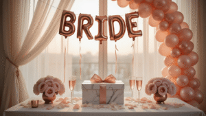 Bride-to-Be Balloons: Everything You Need to Know Before Your Big Celebration Cinematic view of a luxurious bridal shower setup featuring 40-inch rose gold foil balloons spelling "BRIDE" above a marble gift table, adorned with blush pink peonies, ivory silk ribbons, crystal champagne flutes, rose petals, and warm candlelight, all captured in soft golden hour lighting with a dreamy bokeh effect.