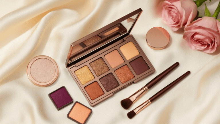 Wedding Guest Makeup With Brown Eyes: The Colors That'll Make You Look Stunning Luxurious flatlay of wedding guest makeup essentials, featuring a bronze and copper eyeshadow palette, rose gold makeup brushes, a champagne-colored compact, and scattered rose gold sequins on a soft cream silk background, creating an elegant and romantic atmosphere.