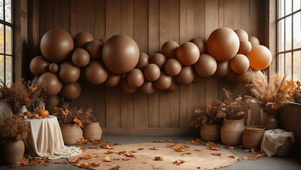 Brown Latex Balloons: Your Complete Guide to Finding the Perfect Earth-Toned Party Decor Cinematic wide-angle shot of an elegant party setup featuring chocolate brown latex balloons in an organic garland against a rustic wood backdrop, illuminated by warm golden hour lighting, with autumn leaves and cream linens in the foreground.