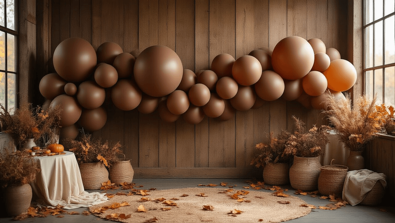 Cinematic wide-angle shot of an elegant party setup featuring chocolate brown latex balloons in an organic garland against a rustic wood backdrop, illuminated by warm golden hour lighting, with autumn leaves and cream linens in the foreground.