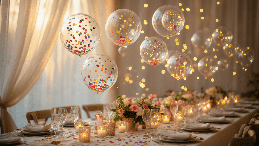 Bubble Balloons: The Complete Guide to Creating Show-Stopping Party Decorations Cinematic wide-angle view of floating bubble balloons filled with colorful confetti and LED lights, set against an elegant party backdrop with ivory silk linens, professional table settings, and floral centerpieces, bathed in warm golden hour lighting.