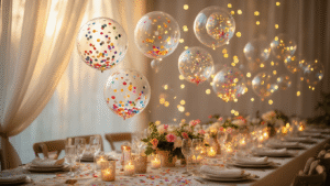 Bubble Balloons: The Complete Guide to Creating Show-Stopping Party Decorations Cinematic wide-angle view of floating bubble balloons filled with colorful confetti and LED lights, set against an elegant party backdrop with ivory silk linens, professional table settings, and floral centerpieces, bathed in warm golden hour lighting.