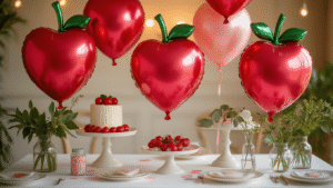 Cherry Balloons: Everything You Need to Know About This Sweet Party Trend Cinematic overhead shot of an elegant party setup with large cherry-shaped metallic balloons, a white linen table, vintage cake stands, glass vases with greenery, and warm golden hour lighting, featuring soft pastel pink accents and creamy bokeh background.